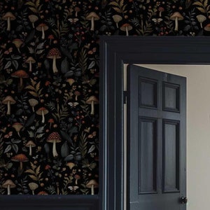 Enchanted Mushroom Forest Wallpaper, Peel and Stick, Traditional Wallpaper, Moody Woodland Decor, Removable Wall Mural, Dark Botanical NF044