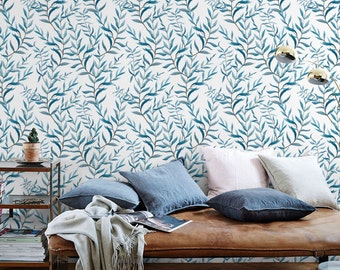 Wallpaper Peel and Stick - Removable Wallpaper - Boho Wallpaper - Blue Leaf Wallpaper - Adhesive Wallpaper - Temporary Wallpaper - JW007