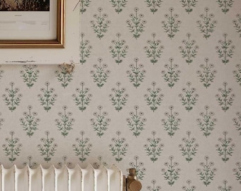 Vintage Wildflower Wallpaper | Green Botanical Peel and Stick Wall Mural | Cottagecore Wall Decor | Neutral Removable Wallpaper PV471