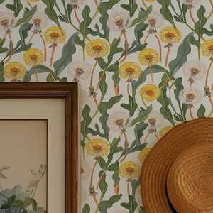 Papel pintado floral de diente de león: mural botánico de primavera (autoadhesivo)