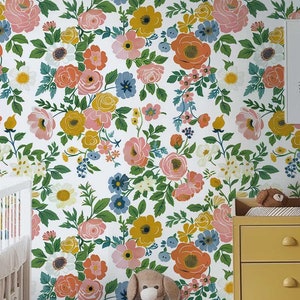 Carta da parati temporanea floreale, murale di rose colorate, murale di margherite stacca e attacca, decorazione murale rimovibile massimalista, rivestimento murale preppy 107