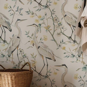 Carta da parati con aironi e fiori, murale giapponese neutro staccabile e attaccabile, rivestimento murale rimovibile con gru, decorazione murale per vivaio di uccelli boho / PV024