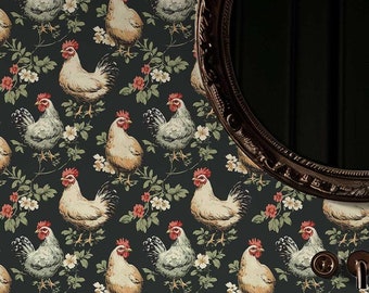 Selbstklebende Tapete mit Hühner- und Blumenmuster im Landhausstil: Wandbild im Cottagecore-Stil pv337