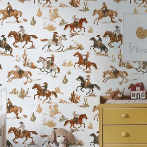 Cowboy Western Removable Wallpaper mural, Wild Wild West Peel and Stick Wall, Frontier Wall covering, Horse riding Playroom Wall Decor PV117
