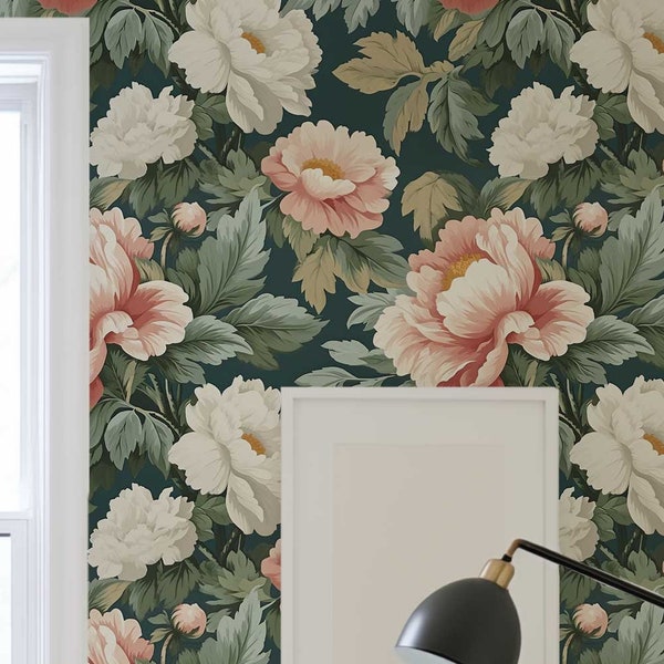 Vintage pioenrozenbehang, Victoriaans bloemenbehang, tijdelijk bloemenbehang, retro zelfklevende wanddecoratie 037