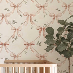 Pink Ribbon Bow Wallpaper, Whimsical Peel and Stick Mural PV296L