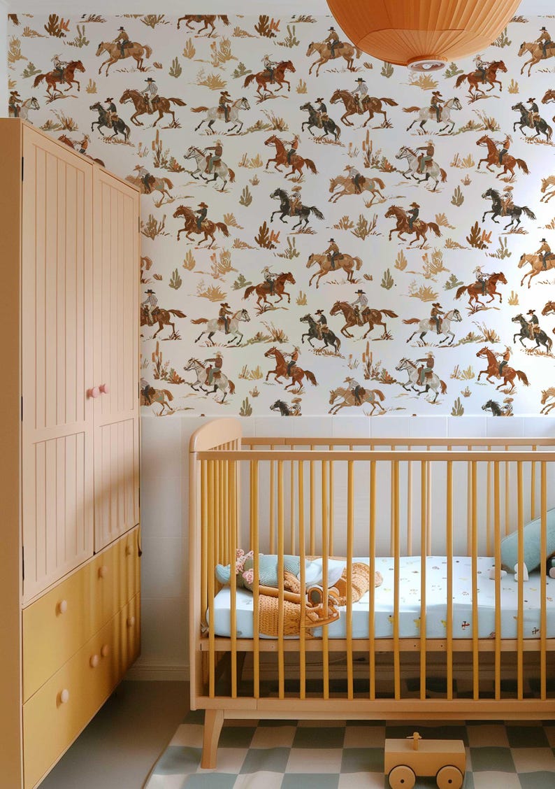Peel and stick cowboy wallpaper with horse design