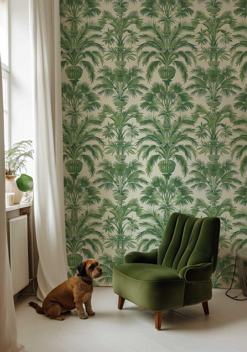 Tropical palm fan wallpaper for a green accent wall