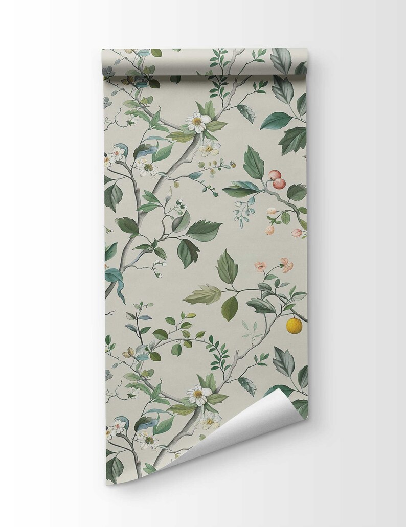 Chinoiserie Wall art, Removable Floral Mural, Flower Peel and Stick Wallpaper, Flower and Fruit Wall covering, Nursery Wall Decor