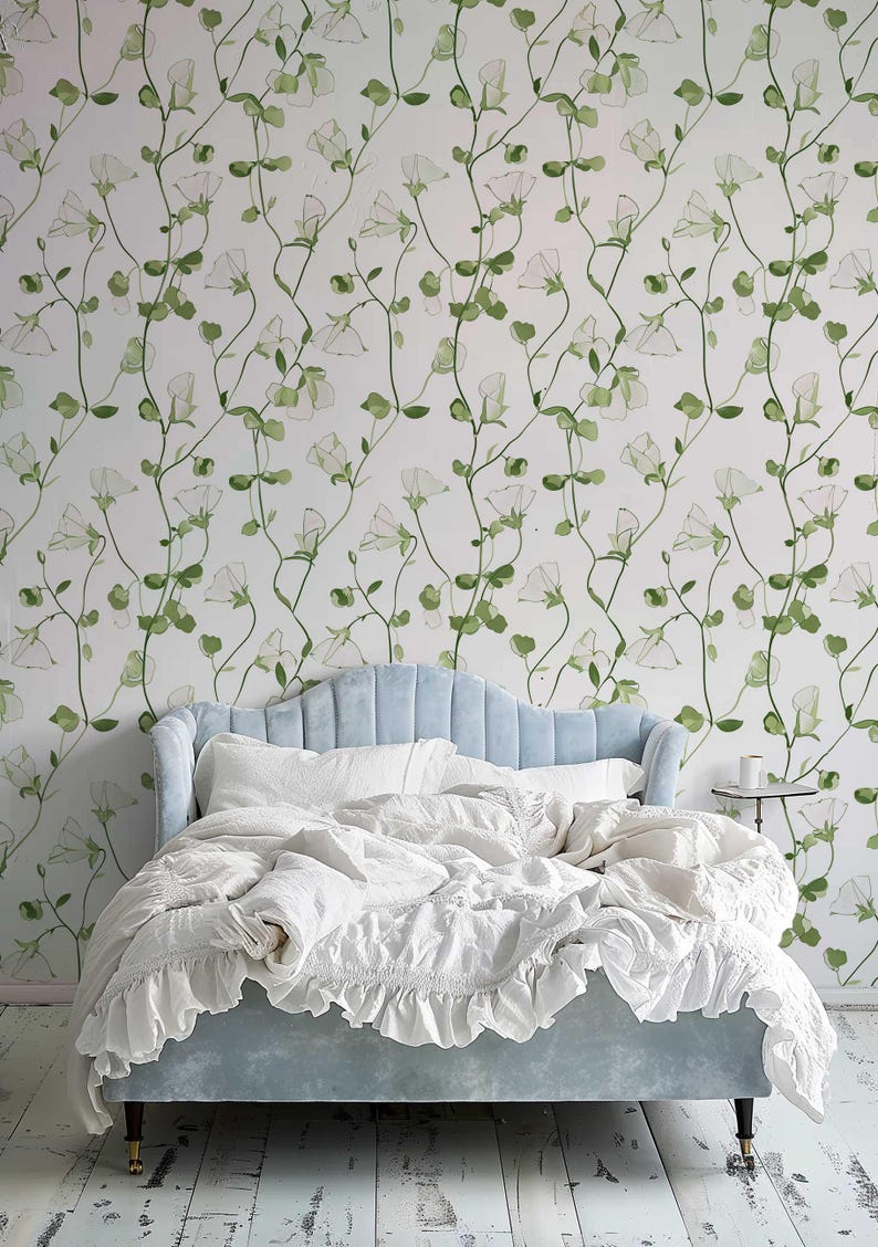 Nature-inspired wallpaper with delicate white sweet peas and green vines for a fresh look.