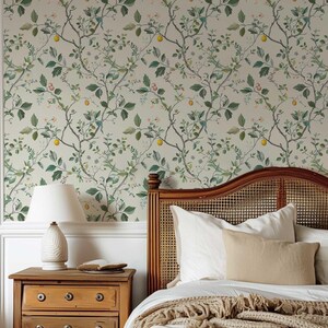 Create a serene and elegant space with our Chinoiserie Peel and Stick Wall Mural, showcasing floral and fruit designs in light pastel hues. This removable wallpaper is perfect for boho nursery accent wall decor or any room needing a soft