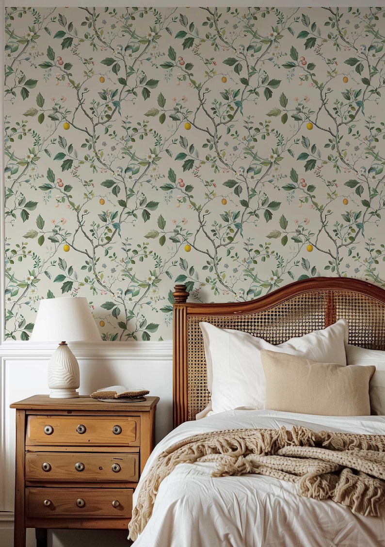 Create a serene and elegant space with our Chinoiserie Peel and Stick Wall Mural, showcasing floral and fruit designs in light pastel hues. This removable wallpaper is perfect for boho nursery accent wall decor or any room needing a soft