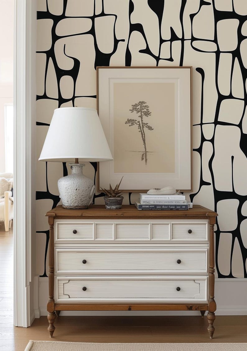 Black and White Peel and Stick Wallpaper, Abstract Line Wall Mural, Modern Monochrome Wall Art, Removable Renters Wallpaper