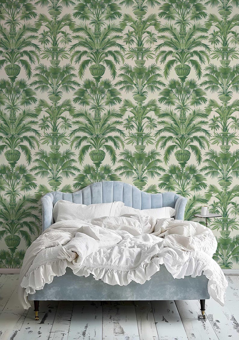 Green tropical wall mural with exotic palm leaves