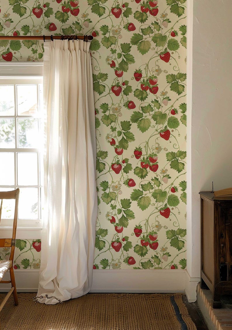 Vintage Strawberries Wallpaper, Retro Floral Peel and Stick Mural Pv279 ...