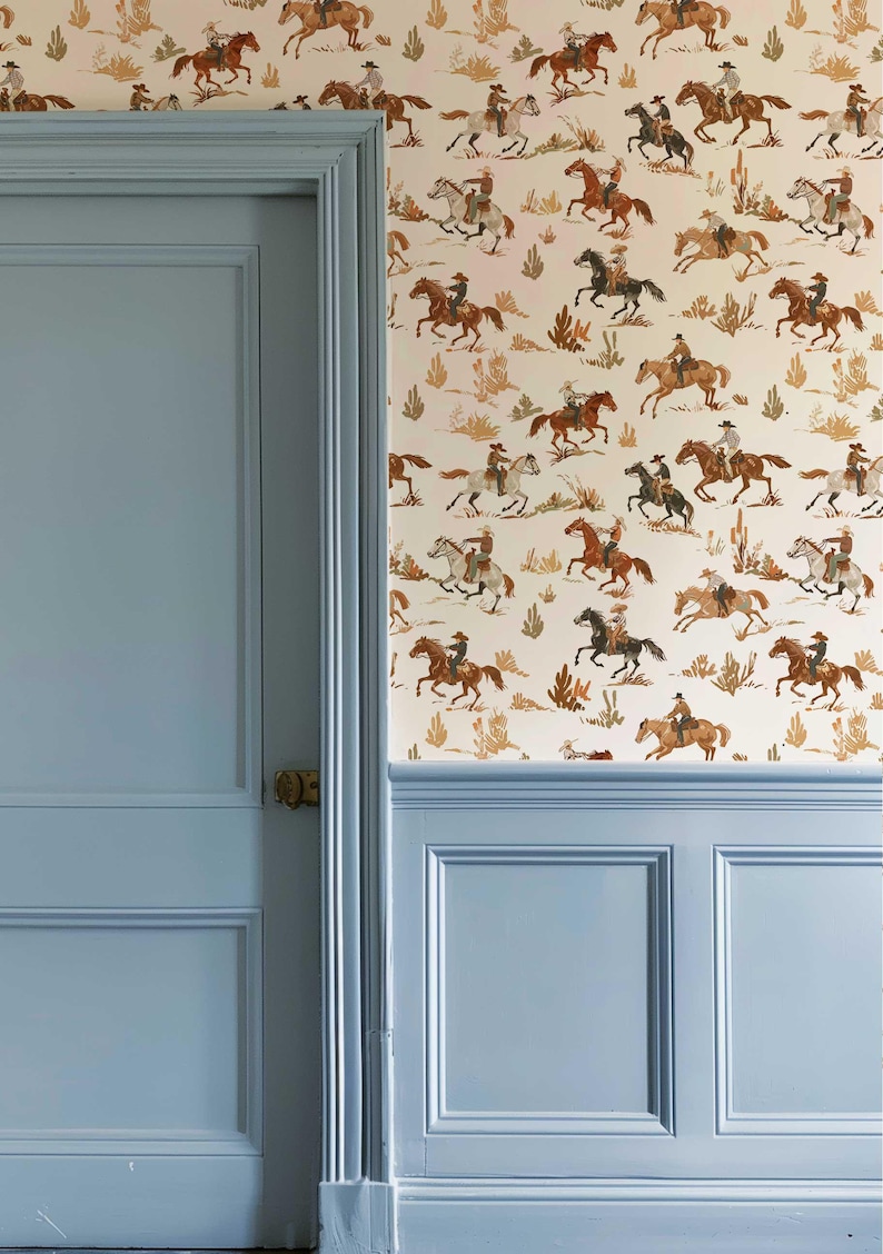 Traditional unpasted wallpaper featuring cowboys and horses
