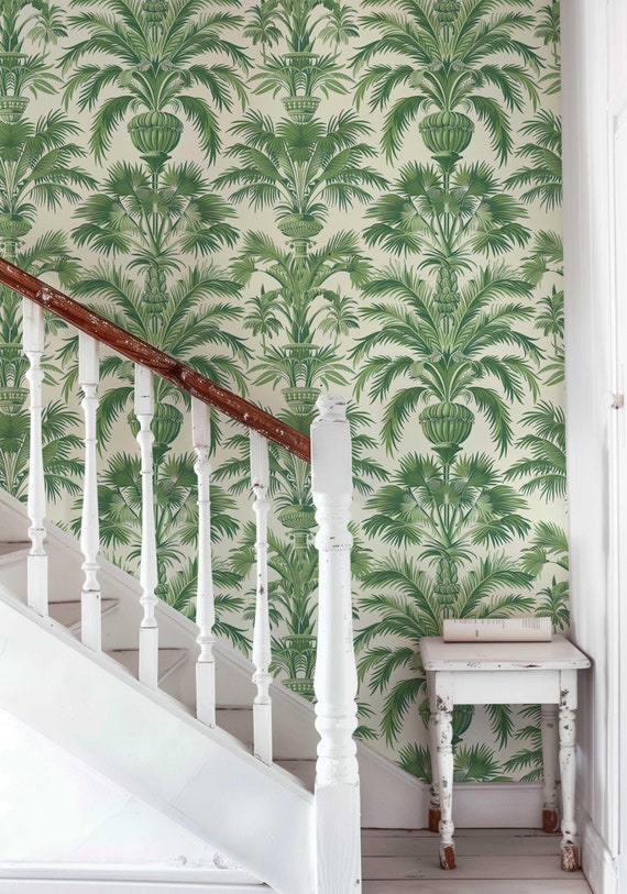 Palm Tree Wallpaper, Removable Peel and Stick Wall Mural, Green Exotic Wall covering PV144