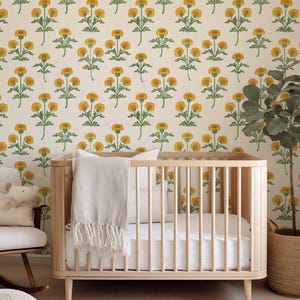 Retro Marigold Wallpaper, Yellow Floral Peel and Stick or Traditional Mural, Removable Flower Bedroom, Bathroom Wall Decor