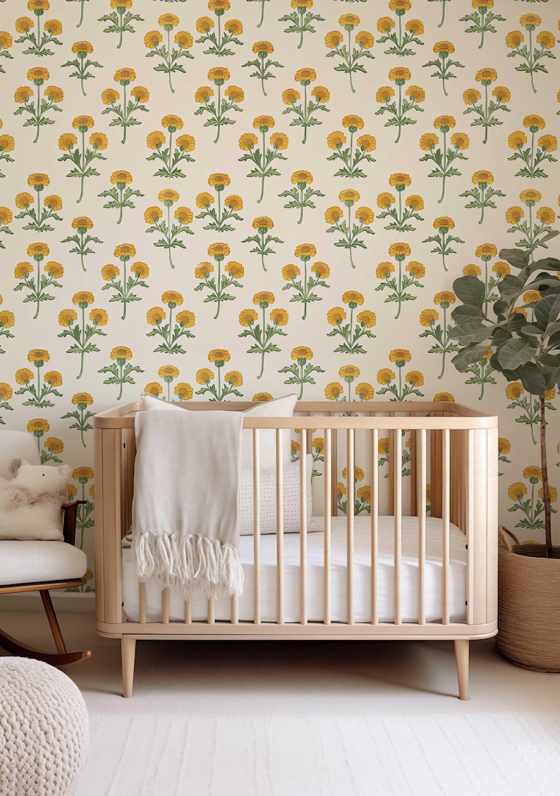 Retro Marigold Wallpaper, Yellow Floral Peel and Stick or Traditional Mural, Removable Flower Bedroom, Bathroom Wall Decor