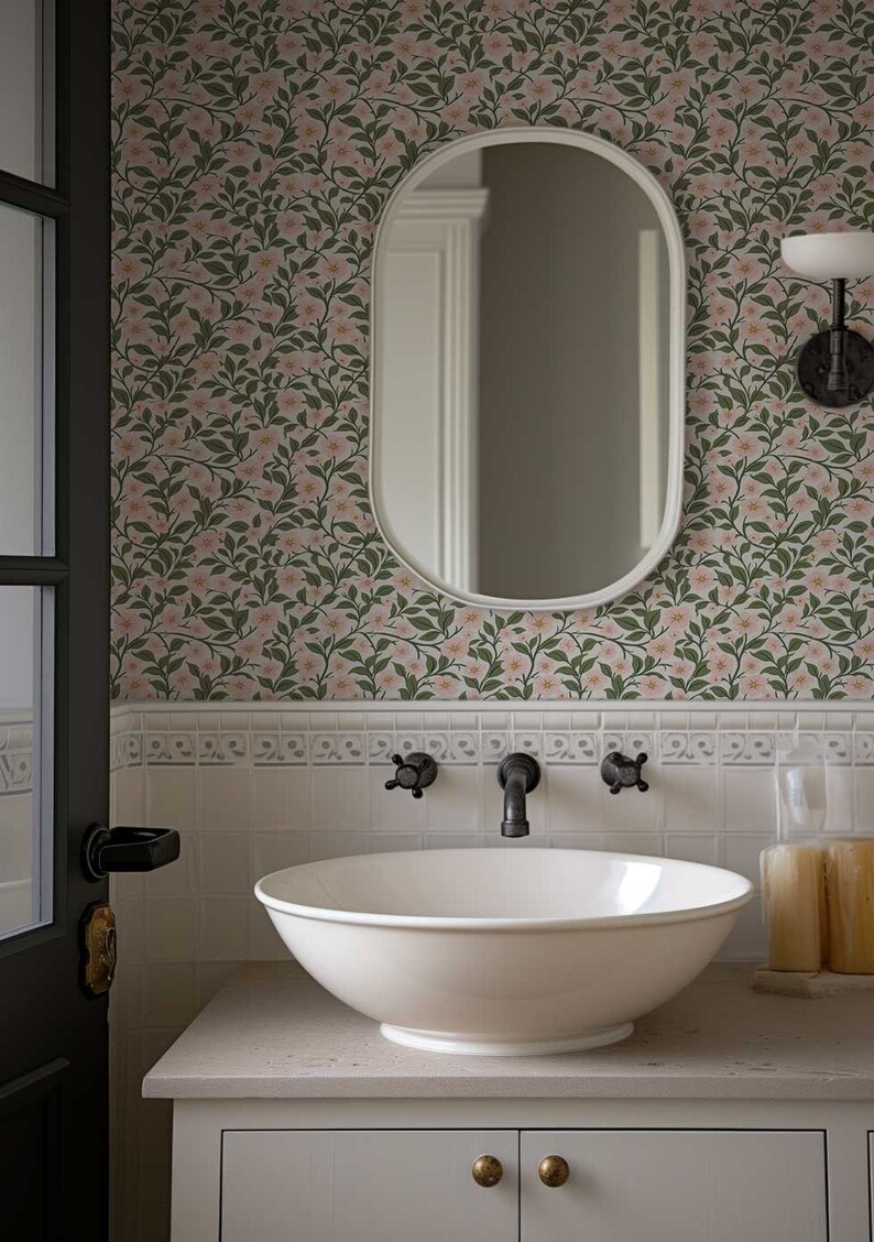 Preppy wallpaper, Peel and Stick Floral wall mural, Vintage Flower wallpaper, Coquette Room Decor , Botanical wallpaper