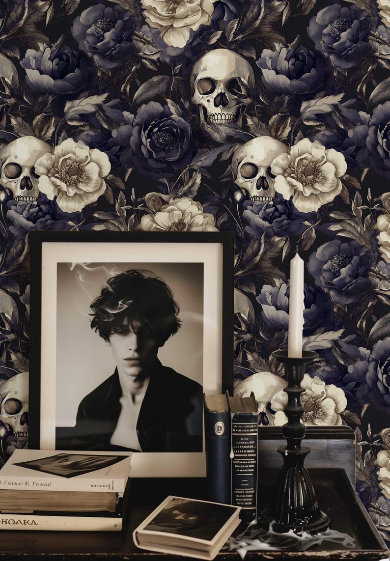 Dark Floral Skull Wallpaper Mural, Gothic Peel and Stick or Traditional