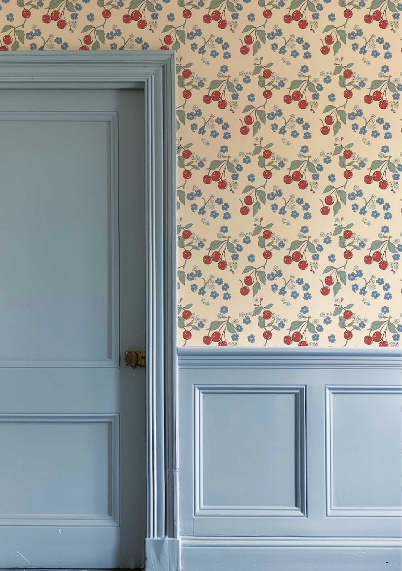 Colorful Wallpaper, Retro Cherry Wall Mural, Temporary Peel and Stick Wallpaper, Botanical Wallpaper, Floral Wallpaper, Fruit Mural