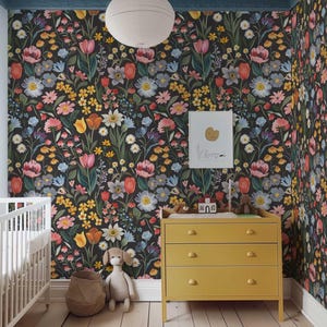 Dark Flower Peel and Stick Wallpaper, Moody Powder room Wall Mural, Modern Black Flower Wall Art, Removable Renters friendly Wallpaper for kids room