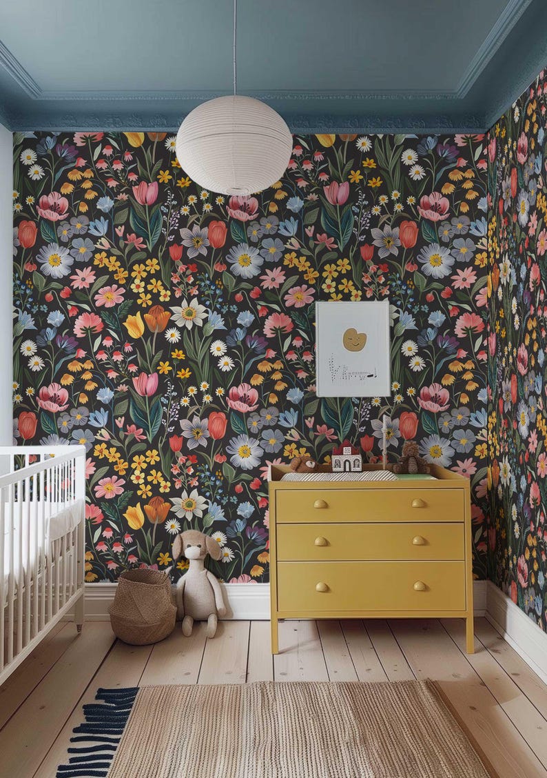 Dark Flower Peel and Stick Wallpaper, Moody Powder room Wall Mural, Modern Black Flower Wall Art, Removable Renters friendly Wallpaper for kids room