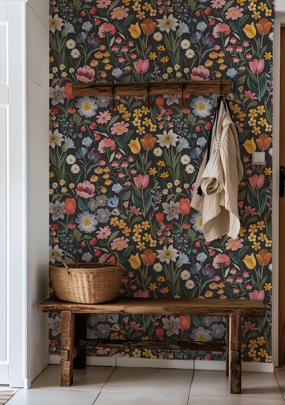 Dark Moody Flower Peel and Stick Wallpaper, Whimsical Removable Wall Mural, Floral Wall Hanging, Self Adhesive Wall covering PV040