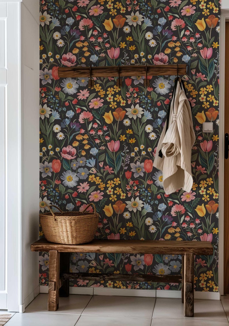 Dark Flower Peel and Stick Wallpaper, Moody Powder room Wall Mural, Modern Black Flower Wall Art, Removable Renters friendly Wallpaper for living room