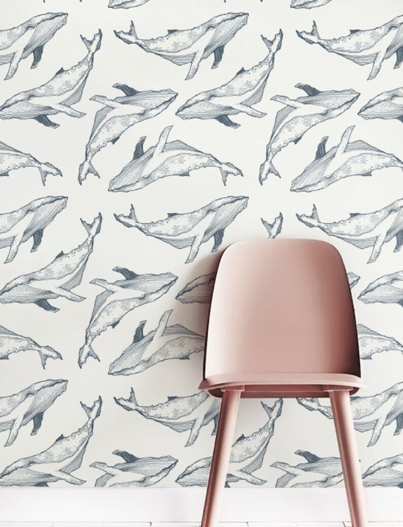 Wallpaper Peel & Stick Removable Wallpaper Boho Whale Wallpaper Wall Mural Adhesive Wallpaper Temporary Wallpaper JW074 image 2