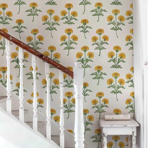 Retro Marigold Wallpaper, Yellow Floral Peel and Stick or Traditional Mural, Removable Flower Bedroom, Bathroom Wall Decor