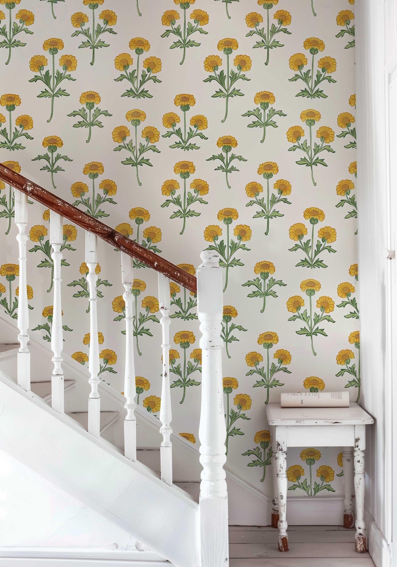 Retro Marigold Wallpaper, Yellow Floral Peel and Stick or Traditional Mural, Removable Flower Bedroom, Bathroom Wall Decor