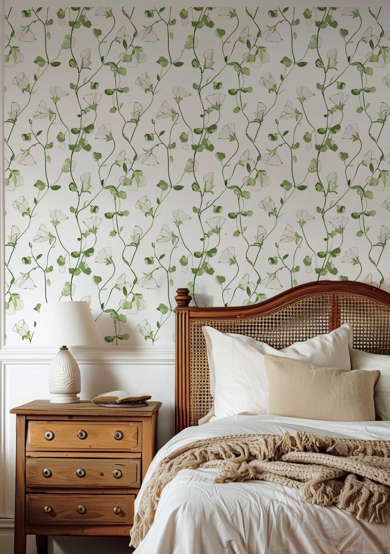 Traditional wallpaper showcasing an intricate design of sweet pea flowers and leaf vines.