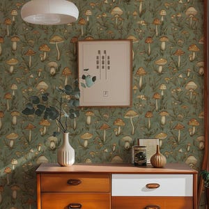 Vintage Mushroom Wallpaper, Retro Forest Mural, Peel and Stick Wallpaper, Botanical Wallpaper, Removable Woodland Wallpaper NF023 image 5