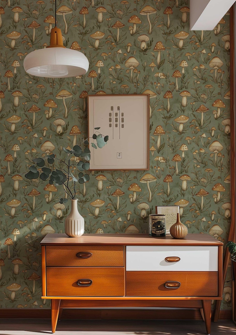 Vintage Mushroom Wallpaper, Retro Forest Mural, Peel and Stick Wallpaper, Botanical Wallpaper, Removable Woodland Wallpaper NF023 image 5