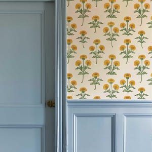 Retro Marigold Wallpaper, Yellow Floral Peel and Stick or Traditional Mural, Removable Flower Bedroom, Bathroom Wall Decor