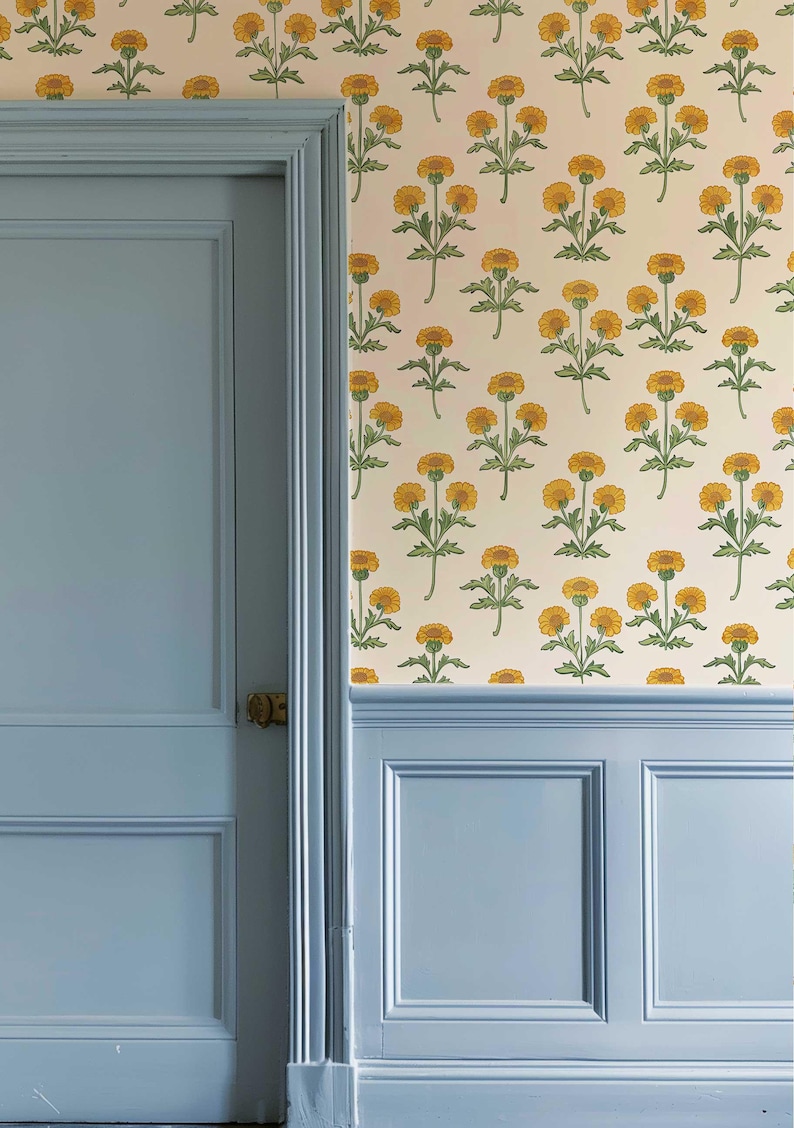Retro Marigold Wallpaper, Yellow Floral Peel and Stick or Traditional Mural, Removable Flower Bedroom, Bathroom Wall Decor