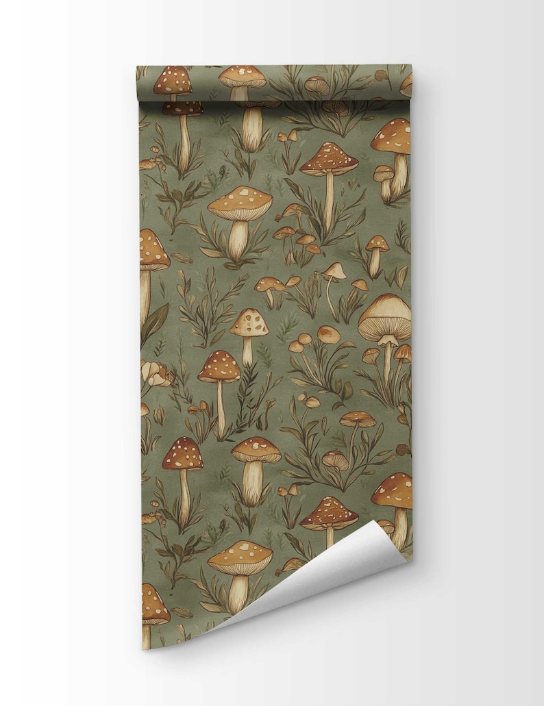 Vintage Mushroom Wallpaper, Retro Forest Mural, Peel and Stick Wallpaper, Botanical Wallpaper, Removable Woodland Wallpaper NF023 image 10