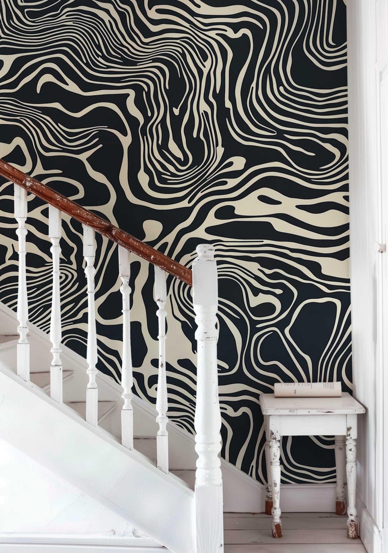 Bold Black and White Peel and Stick Wallpaper, Abstract Line Wall Mural, Modern Monochrome Wall Art, Removable Renters Wallpaper