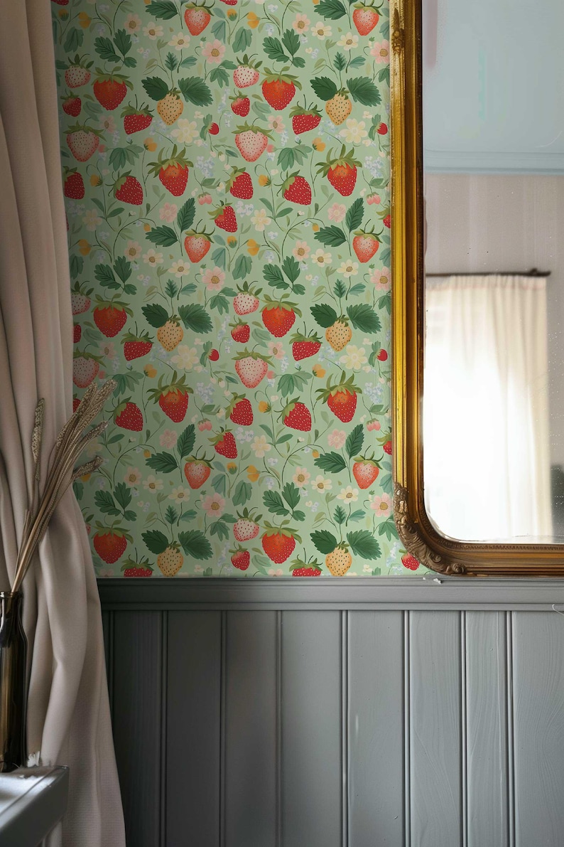 Vintage Strawberry Floral Wallpaper, Peel and Stick Mural - Etsy