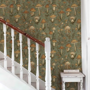 Vintage Mushroom Wallpaper, Retro Forest Mural, Peel and Stick Wallpaper, Botanical Wallpaper, Removable Woodland Wallpaper NF023 image 4