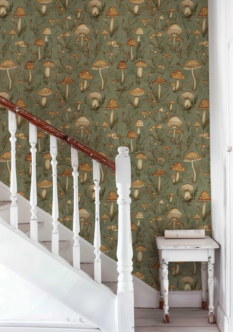 Vintage Mushroom Wallpaper, Retro Forest Mural, Peel and Stick Wallpaper, Botanical Wallpaper, Removable Woodland Wallpaper NF023 image 4