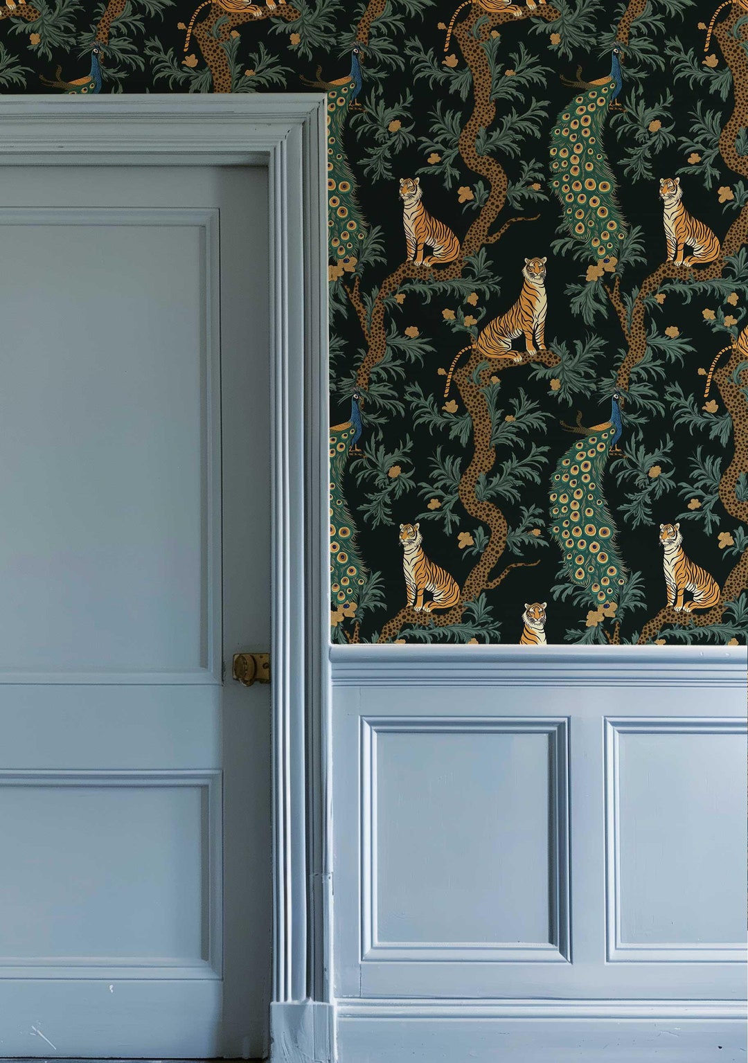 Dark Jungle Wall Mural, Peacock Tiger Peel and Stick Wallpaper, Moody ...