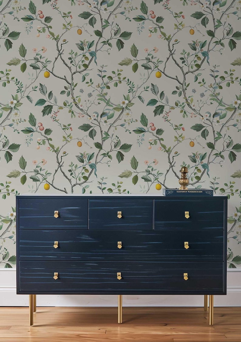Chinoiserie Wall art, Removable Floral Mural, Flower Peel and Stick Wallpaper, Flower and Fruit Wall covering, Nursery Wall Decor
