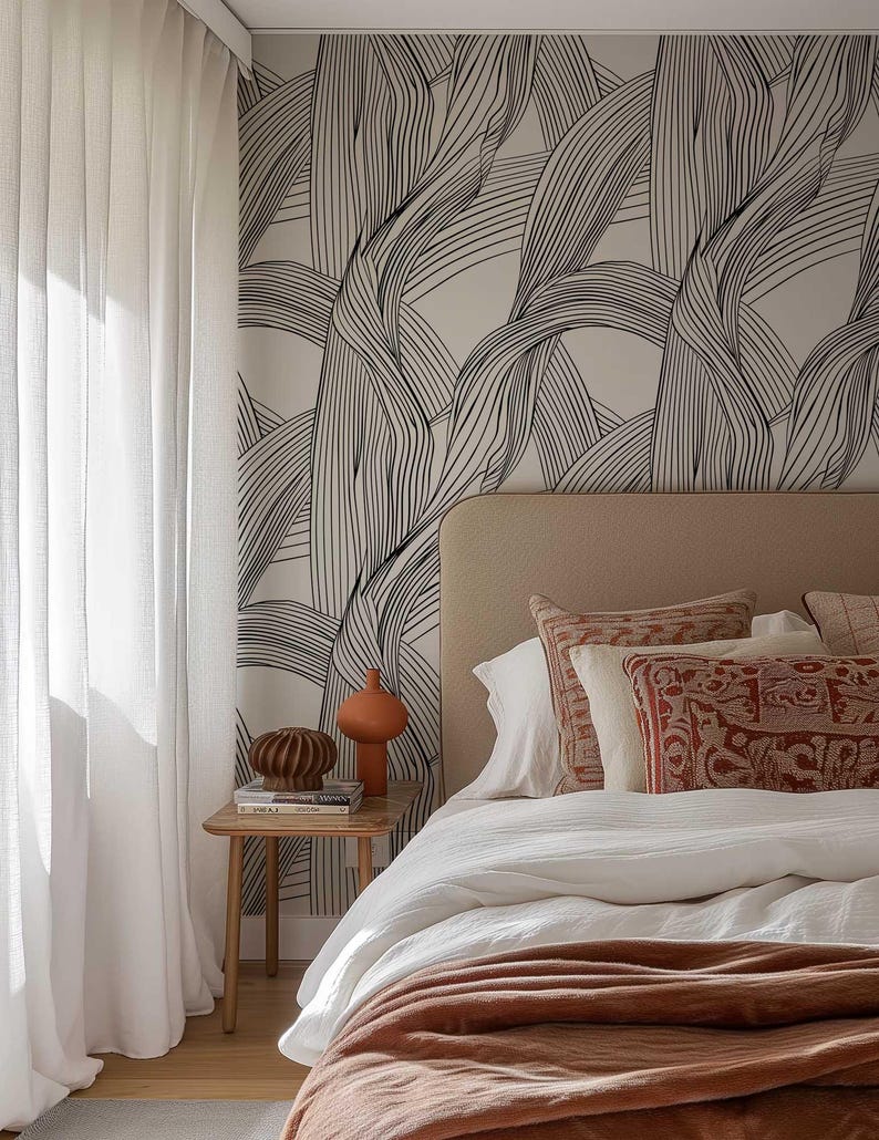 Removable black and white peel and stick wallpaper.