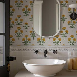 Retro Marigold Wallpaper, Yellow Floral Peel and Stick or Traditional Mural, Removable Flower Bedroom, Bathroom Wall Decor