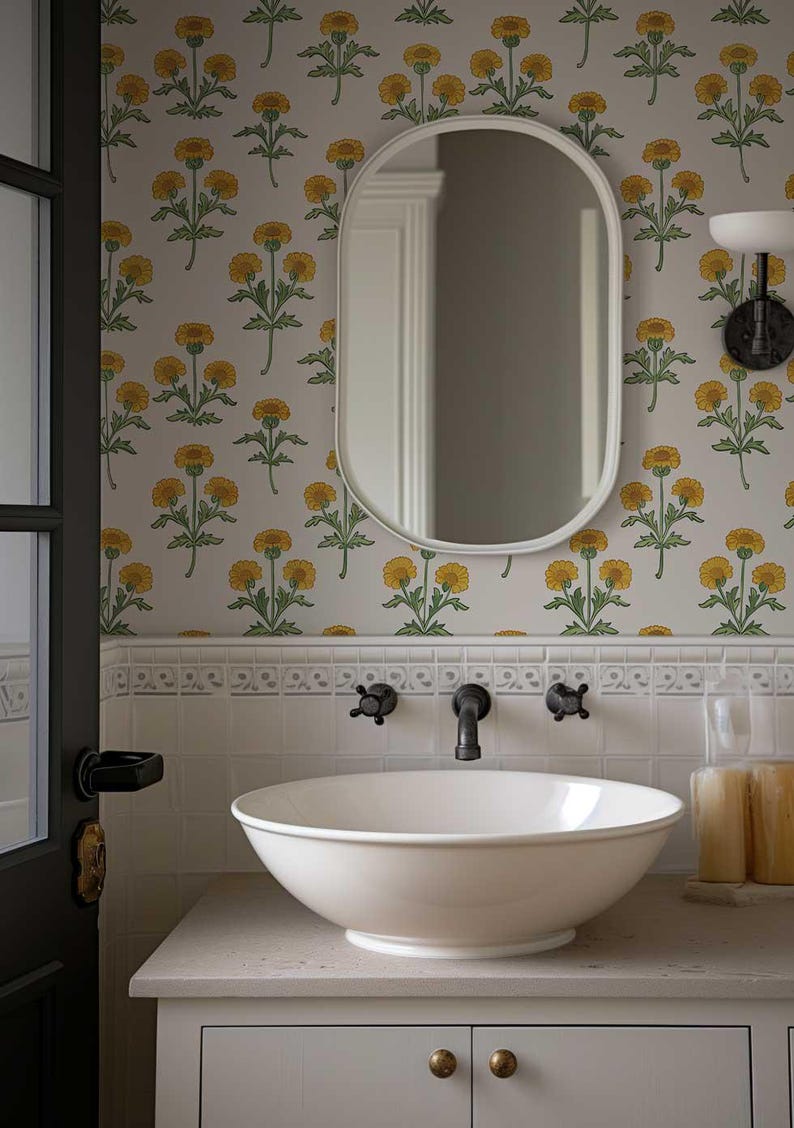 Retro Marigold Wallpaper, Yellow Floral Peel and Stick or Traditional Mural, Removable Flower Bedroom, Bathroom Wall Decor