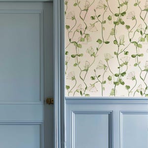 Peel and stick wallpaper with a delicate sweet pea flower pattern in green and white.