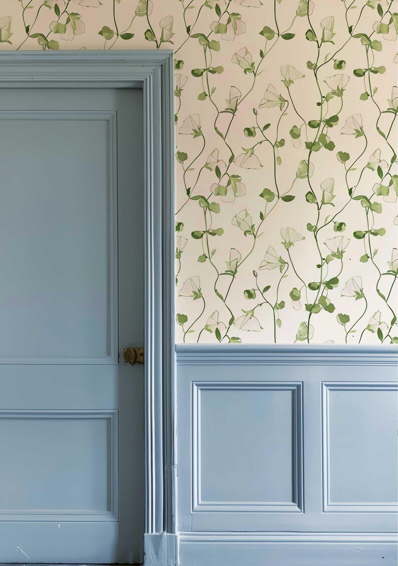 Peel and stick wallpaper with a delicate sweet pea flower pattern in green and white.